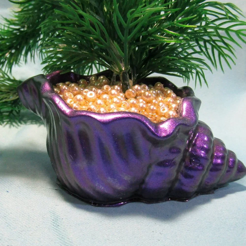 Aquarium Decoration - Purple Shell with Green Artificial Plant and Pearls.